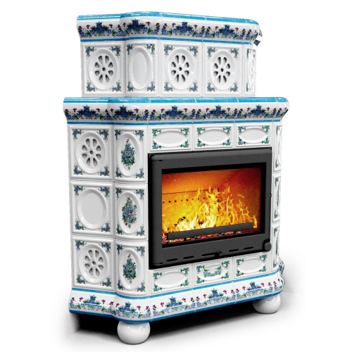 КимрПечь Изразцовый камин Медальон угловой двухъярусный Незабудки (топка: Ладья-600)