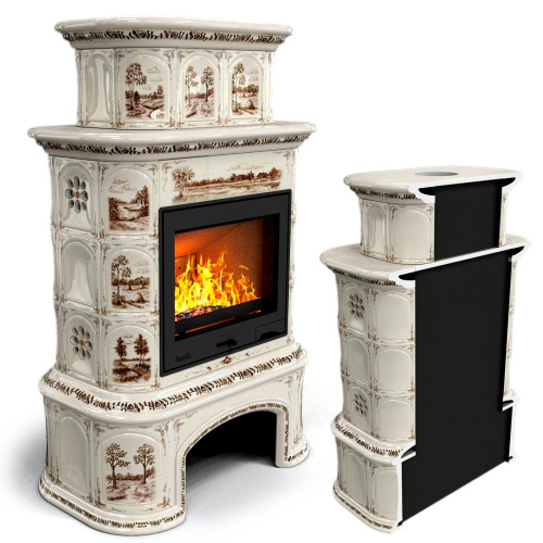 КимрПечь Прованс с дровником пристенный двухъярусный Деревня (топка: Ладья-600)